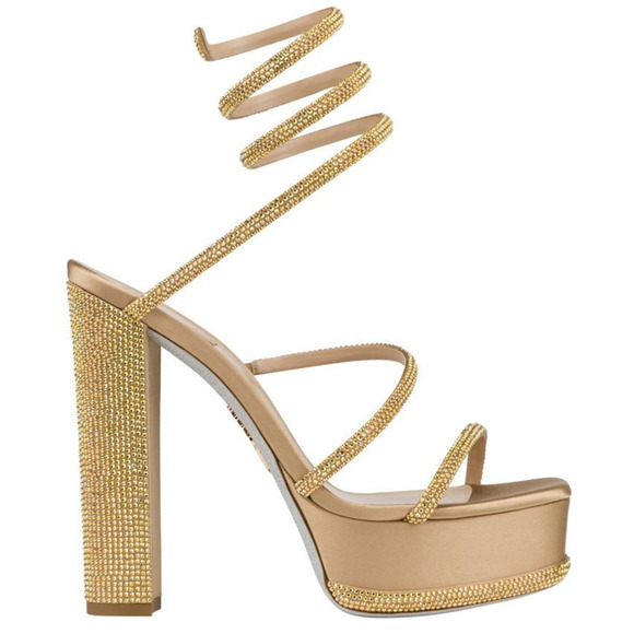 Rene Caovilla Cleo Gold Platform Crystal Wrap Strap Sandal Block Heel Pump 37.5 - Picture 1 of 12